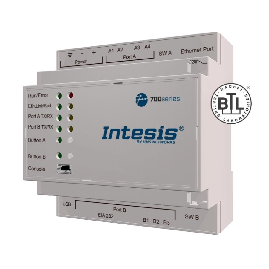 Intesis protocol translator with KNX, Serial and IP support - 600 points KNX TP to BACnet IP & MS/TP Server